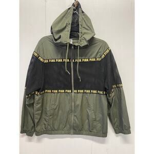 PINK Victorias Secret Black Gold Size XS Logo Zip Mesh Hooded Windbreaker Jacket